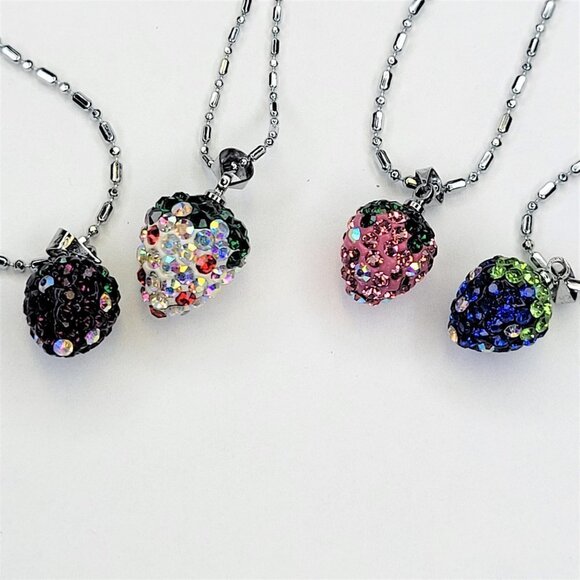 STRAWBERRY Shape Mini Aqua Blue and Lime Green Rhinestone Small Pendant Necklace - Picture 11 of 12